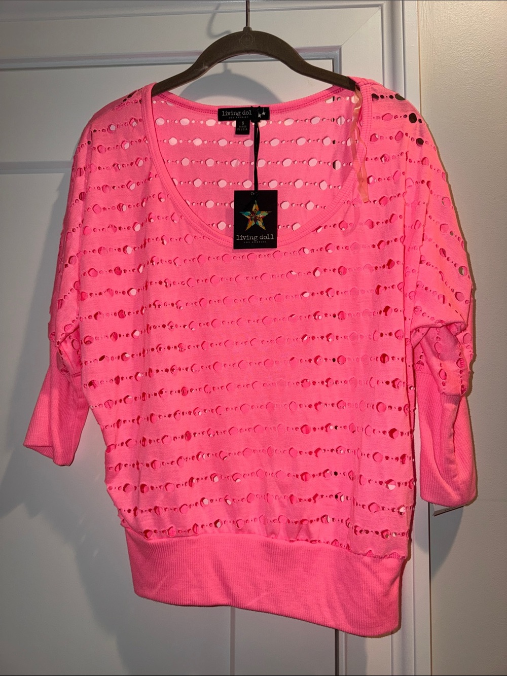 NWT living doll Neon Pink Eyelet Knit Scoop Neck Pullover